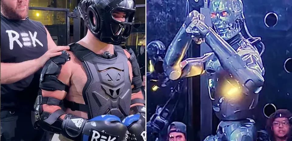 Hombre con equipo de protección junto a robot en combate