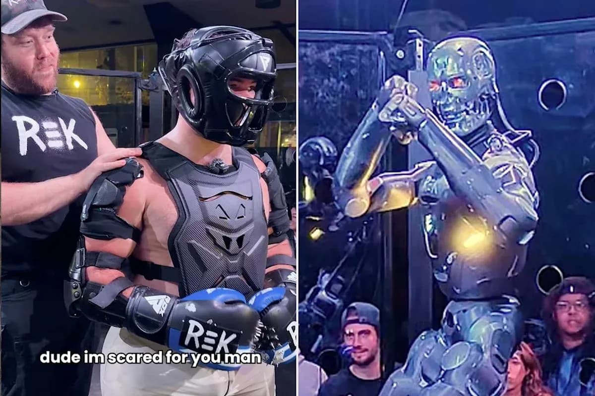 Hombre con equipo de protección junto a robot en combate