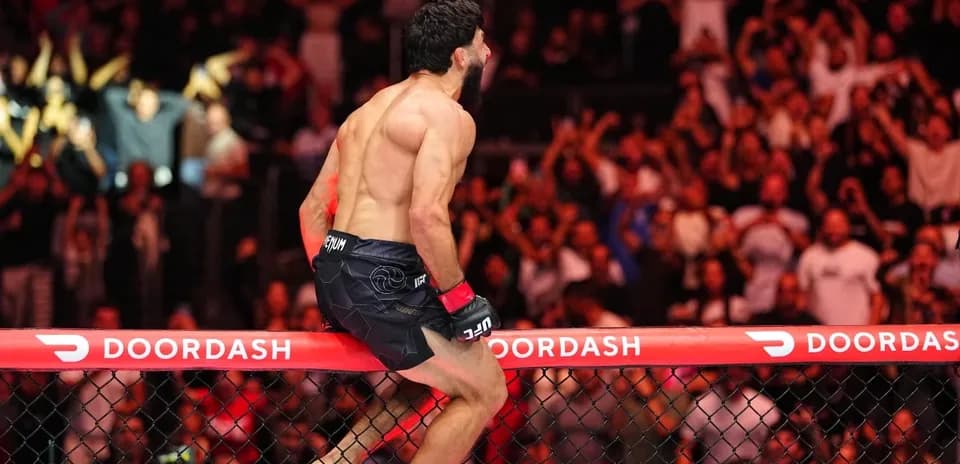 Luchador celebrando sobre la jaula en evento UFC
