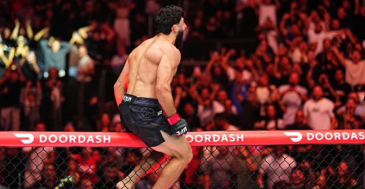 Luchador celebrando sobre la jaula en evento UFC