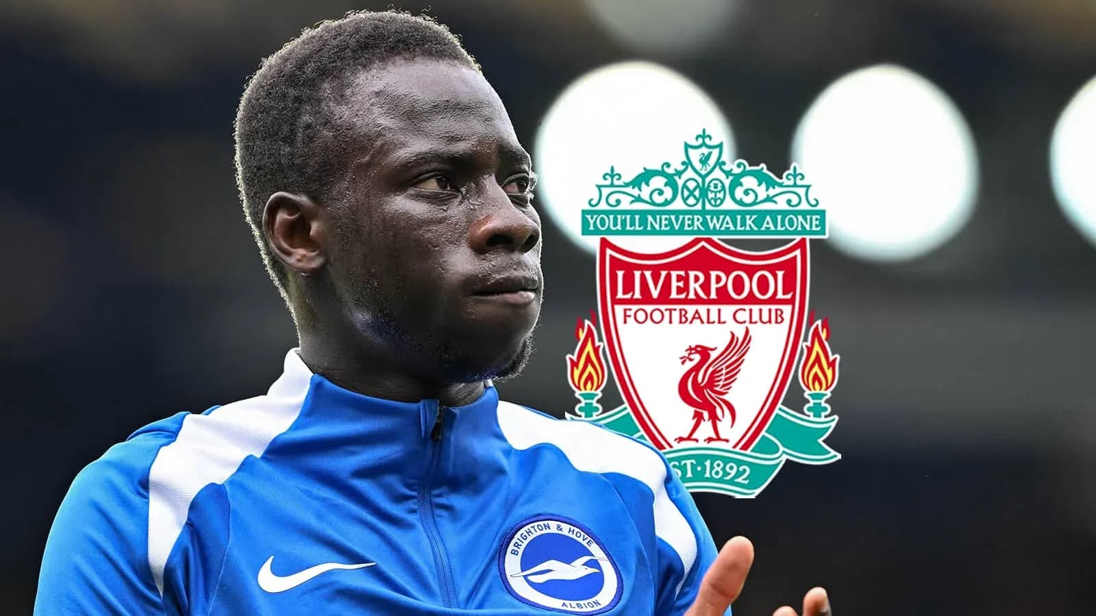 Jugador de Brighton con logotipo de Liverpool de fondo