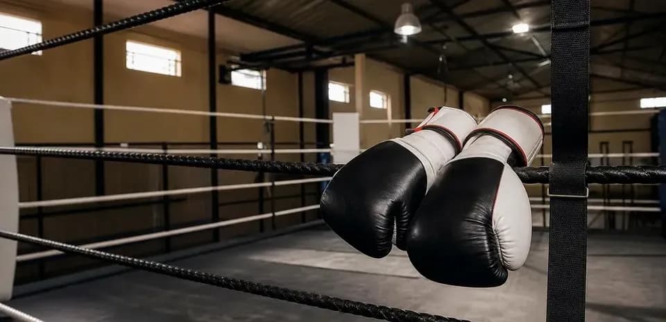 Guantes de boxeo colgados en el ring vacío