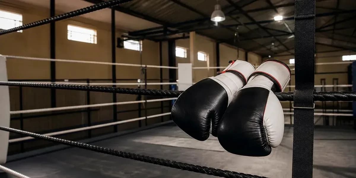 Guantes de boxeo colgados en el ring vacío