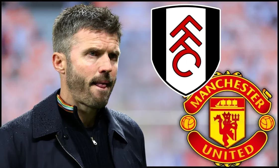 Entrenador en primer plano con logotipos de Fulham y Manchester United
