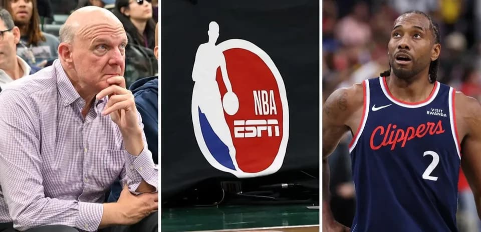 Steve Ballmer, logo NBA y Kawhi Leonard en acción