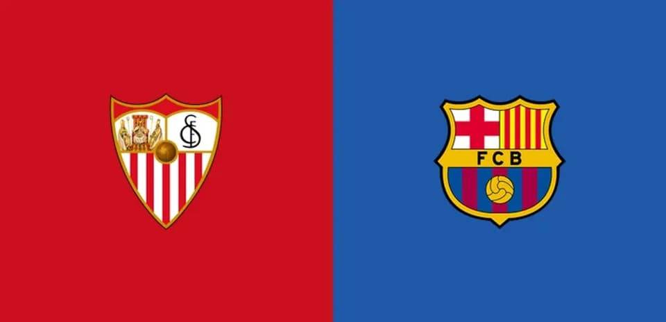 Escudos de Sevilla y Barcelona sobre fondo rojo y azul