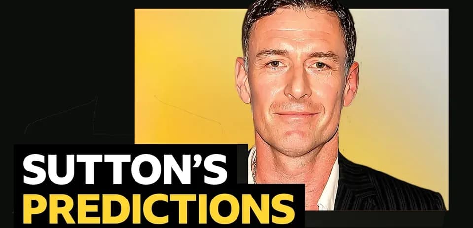 Hombre sonriendo con texto 'SUTTON'S PREDICTIONS'