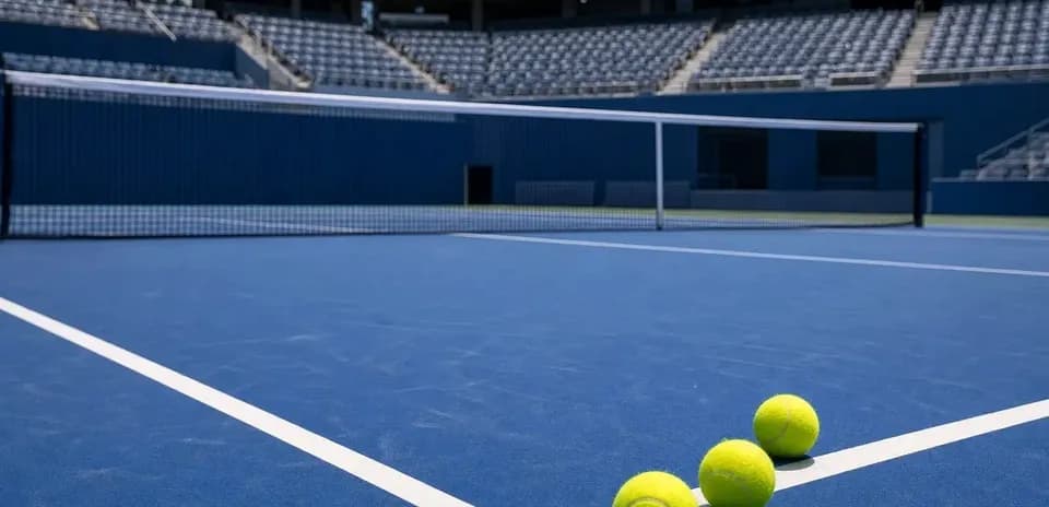 Tres pelotas de tenis en la cancha azul