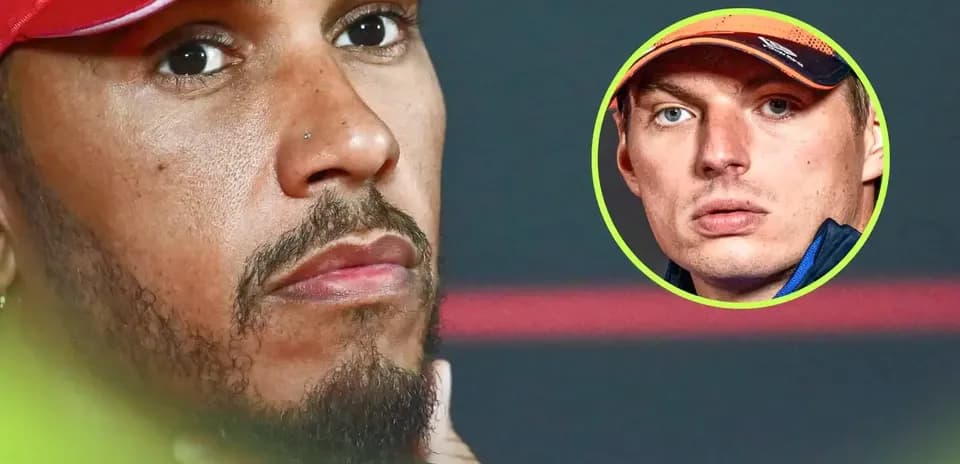 Lewis Hamilton looking serious with Max Verstappen inset