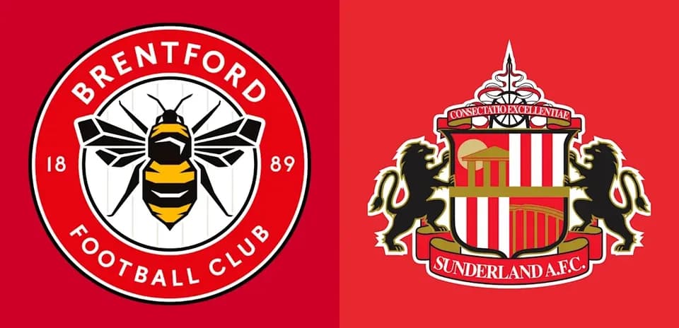 Logos de Brentford FC y Sunderland AFC en fondo rojo