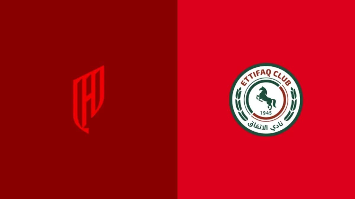 Logos de equipos en fondo rojo, Club Ettifaq y otro