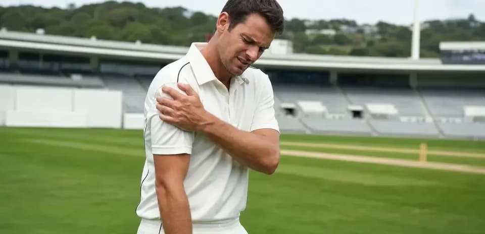 Jugador de cricket sosteniendo su hombro en el campo