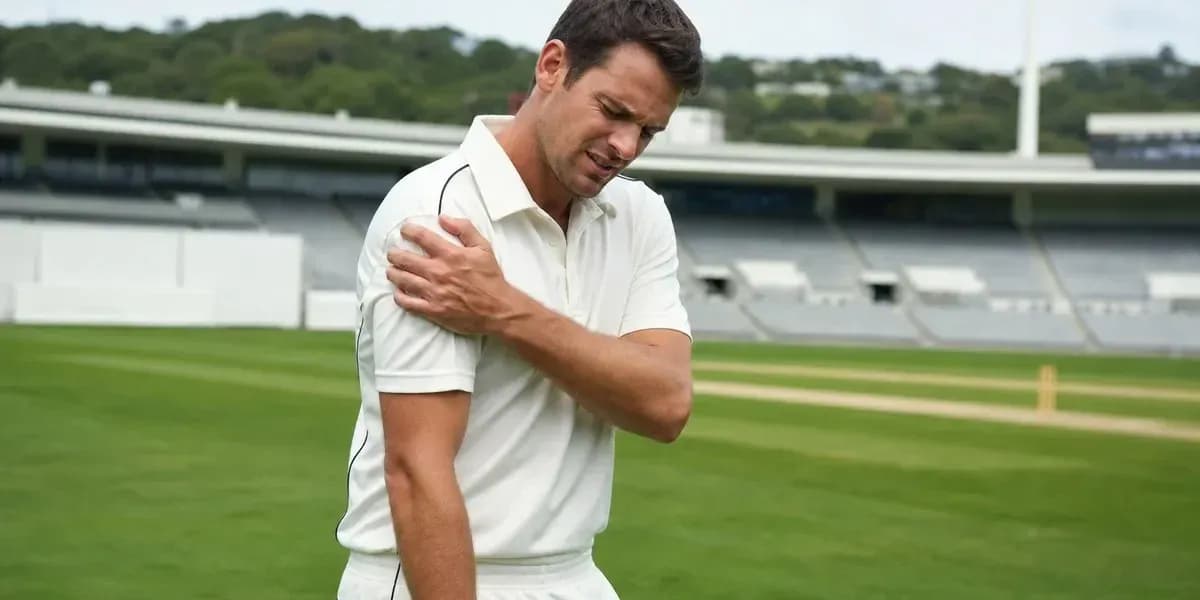 Jugador de cricket sosteniendo su hombro en el campo