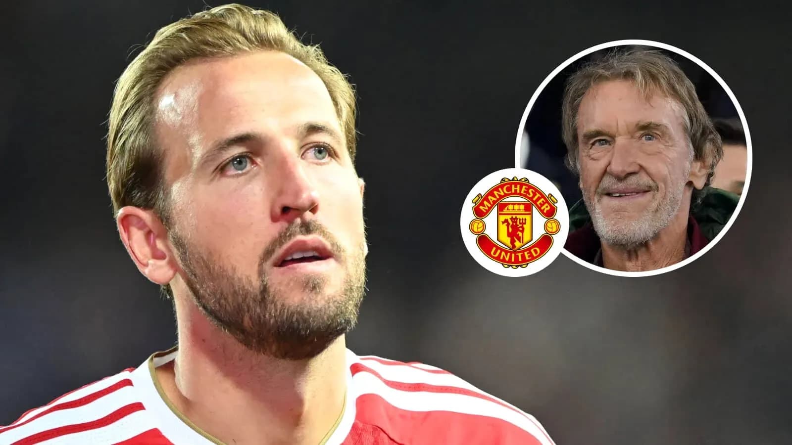 Harry Kane con camiseta de Manchester United y fondo de hinchas