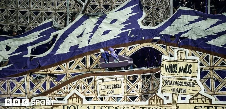 Tifo display with roller coaster theme at stadium