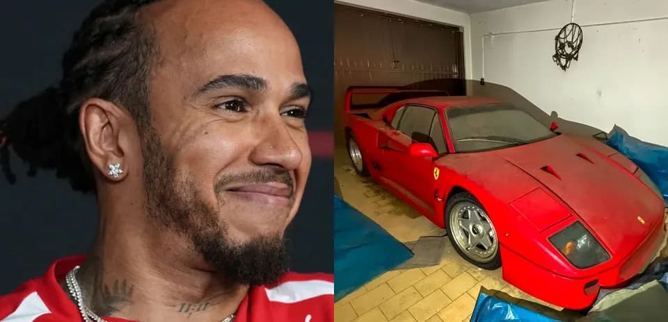 Lewis Hamilton smiling next to a covered Ferrari F40