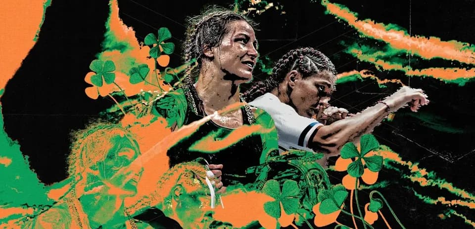 Dos luchadoras con fondo colorido y motivos irlandeses