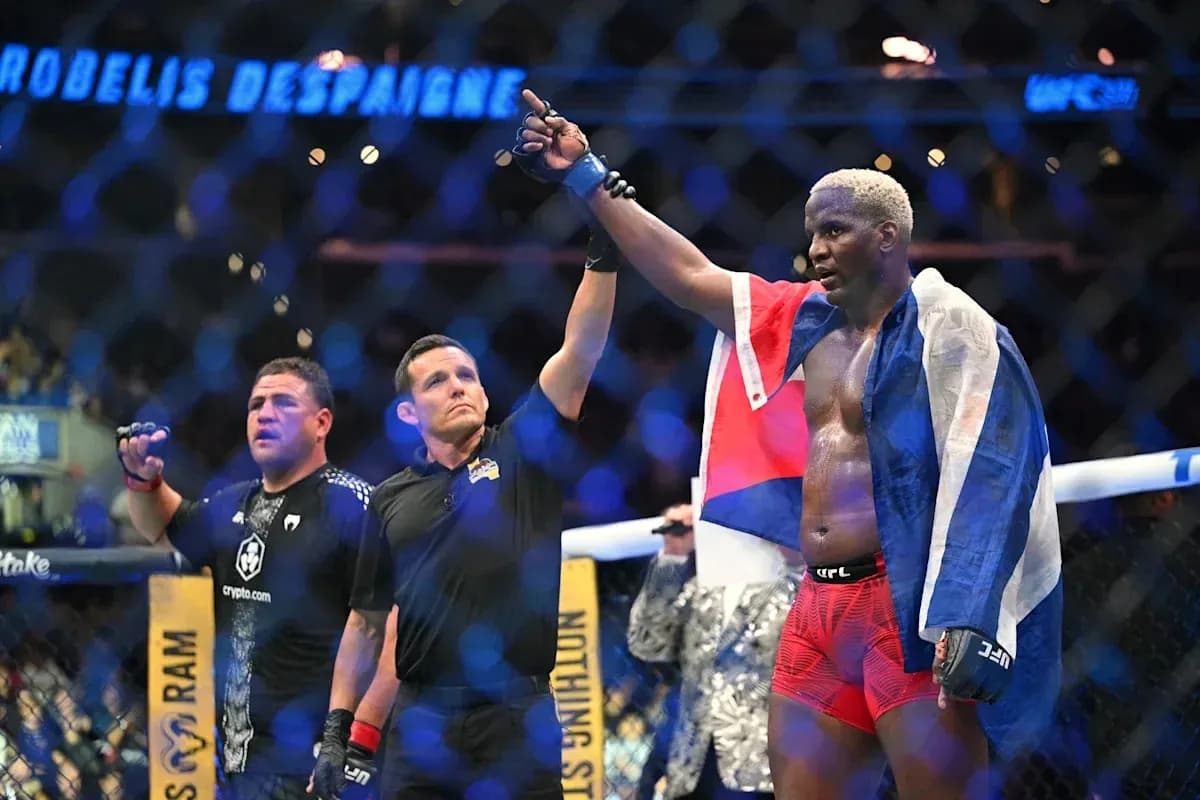 Luchador celebrando victoria con bandera en octágono