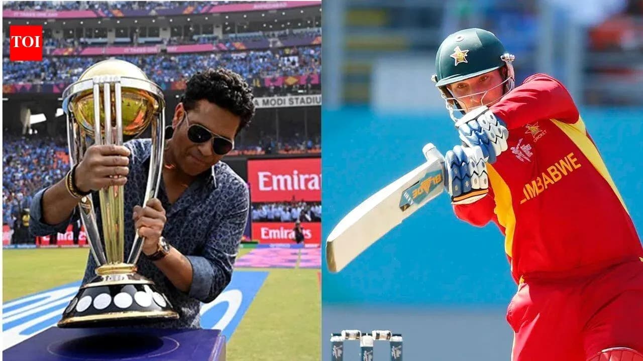 Sachin Tendulkar holding trophy, Zimbabwe player batting Sachin Tendulkar holding trophy, Zimbabwe player batting
