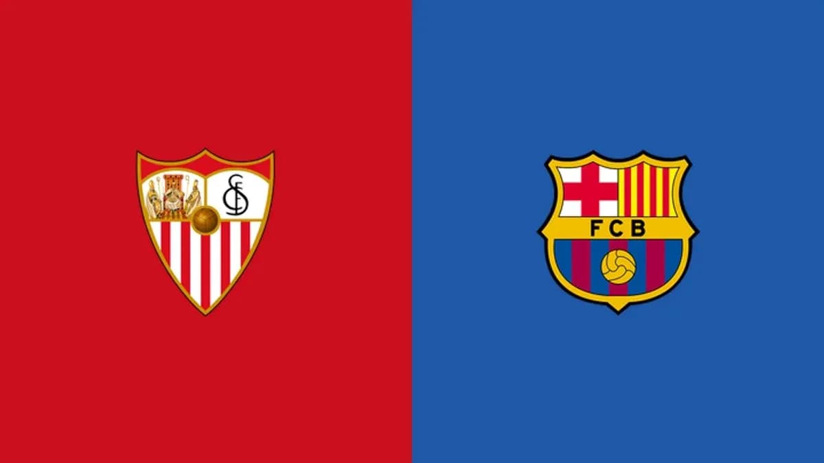 Escudos de Sevilla y Barcelona sobre fondo rojo y azul Escudos de Sevilla y Barcelona sobre fondo rojo y azul