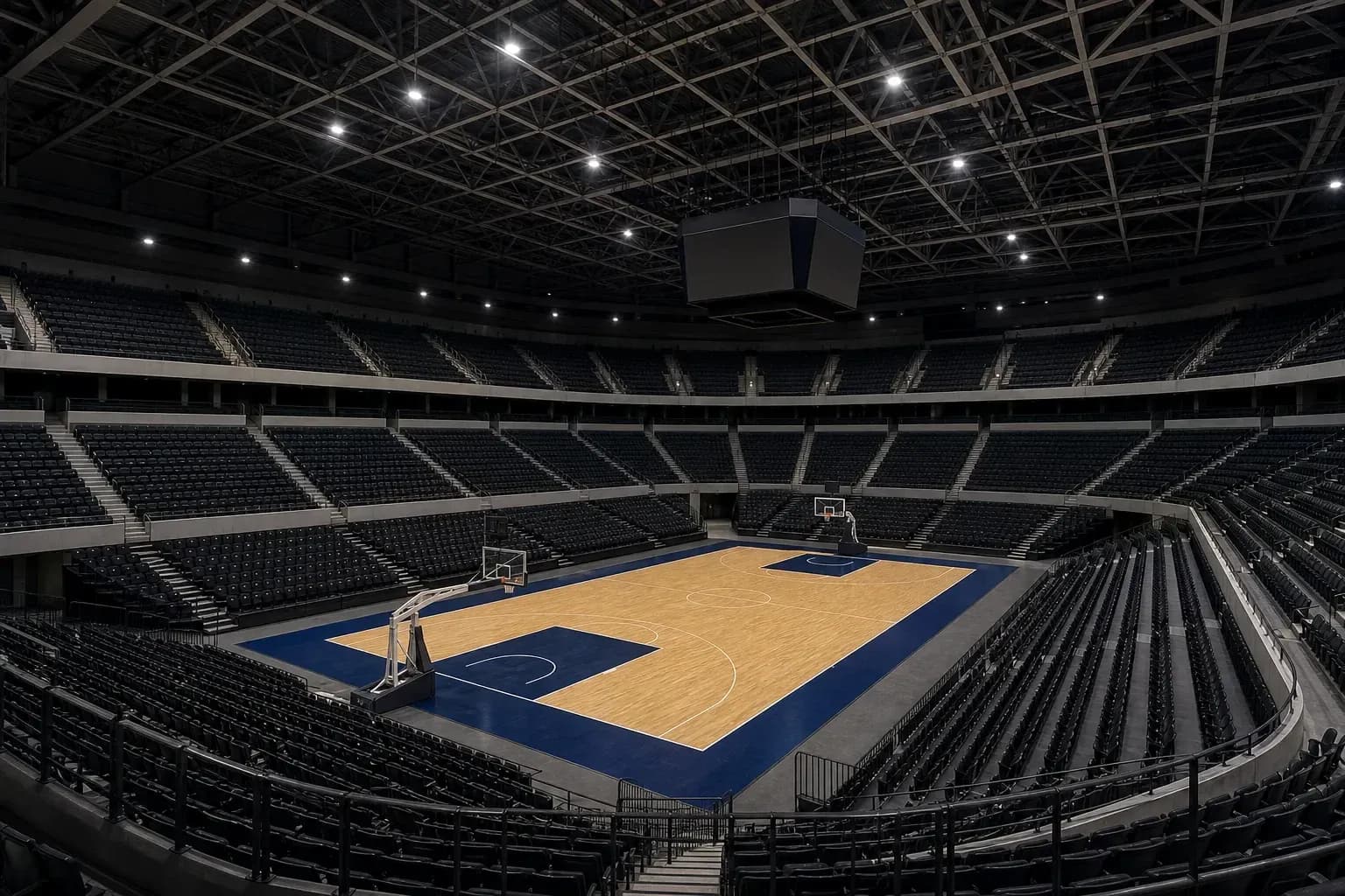 Cancha de baloncesto vacía en arena moderna Cancha de baloncesto vacía en arena moderna