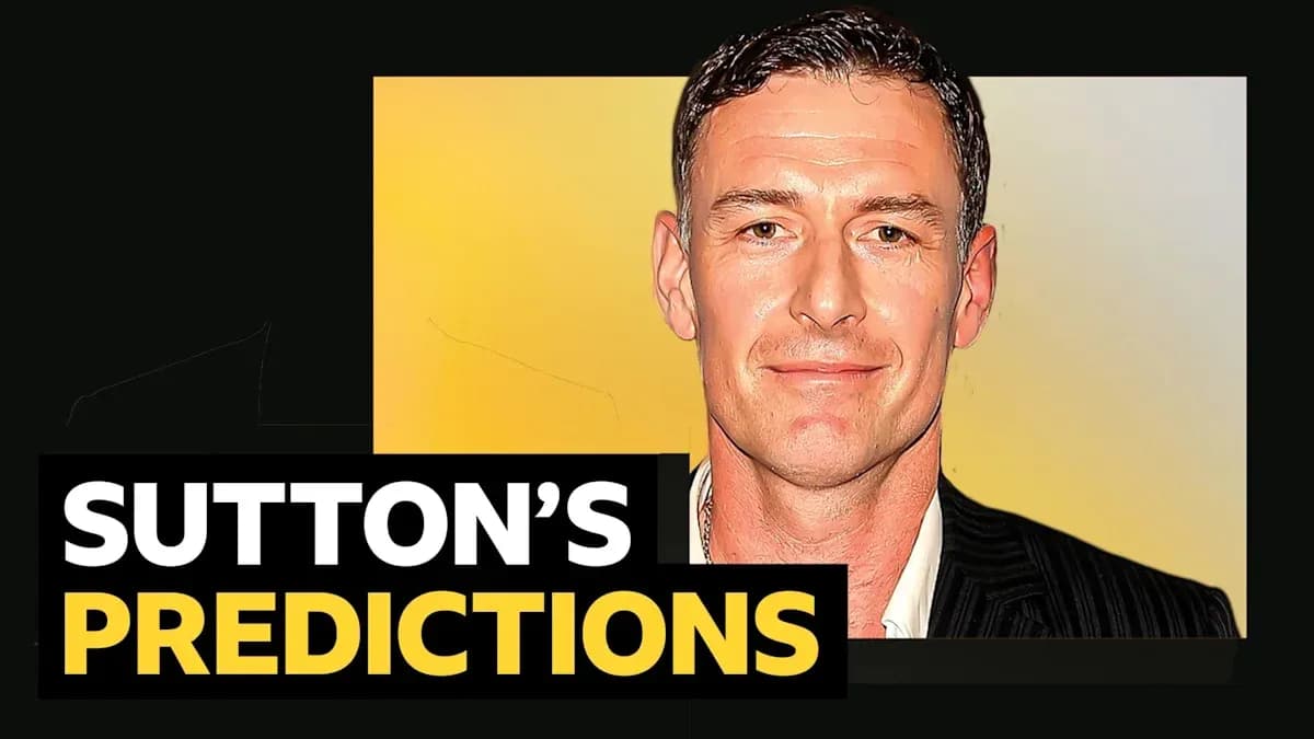 Hombre sonriendo con texto 'SUTTON'S PREDICTIONS' Hombre sonriendo con texto 'SUTTON'S PREDICTIONS'
