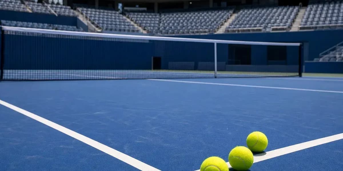 Tres pelotas de tenis en la cancha azul Tres pelotas de tenis en la cancha azul