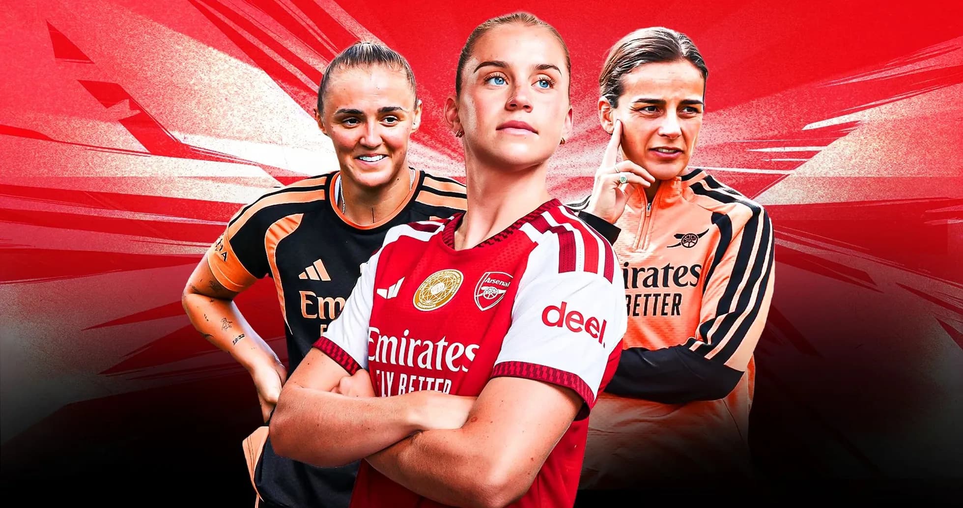 Jugadoras del Arsenal en fondo rojo dinámico Jugadoras del Arsenal en fondo rojo dinámico