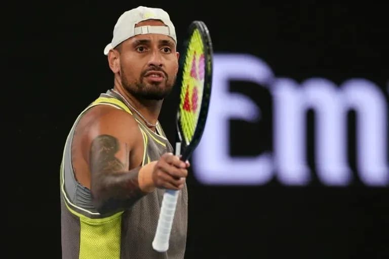 Nick Kyrgios gesturing during tennis match Nick Kyrgios gesturing during tennis match