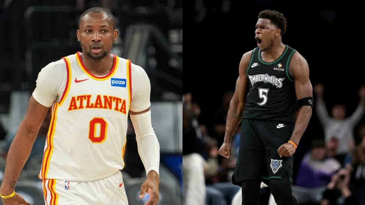 Jugadores de baloncesto de Atlanta y Timberwolves en acción Jugadores de baloncesto de Atlanta y Timberwolves en acción