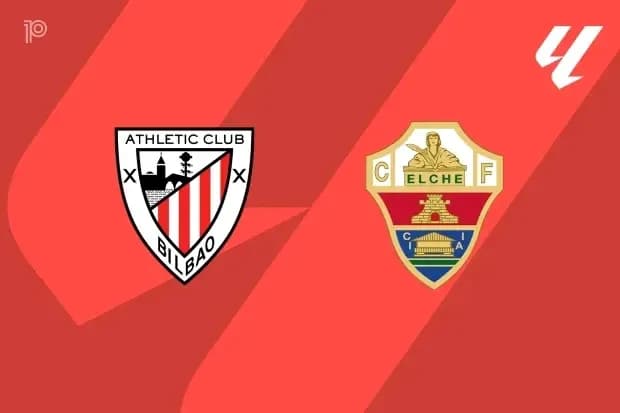 Logos de Athletic Club y Elche CF sobre fondo rojo Logos de Athletic Club y Elche CF sobre fondo rojo