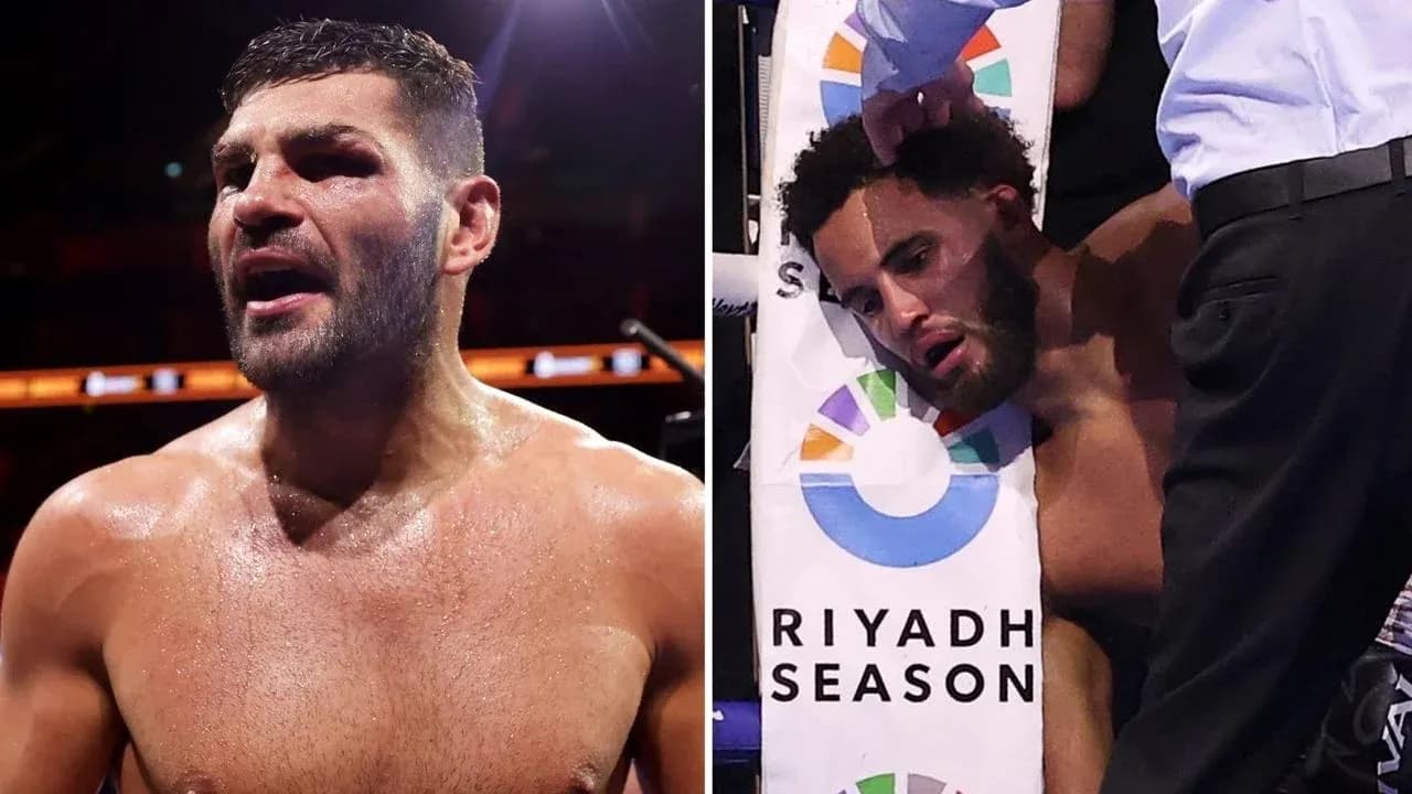 Boxeadores en combate, uno parece herido Boxeadores en combate, uno parece herido