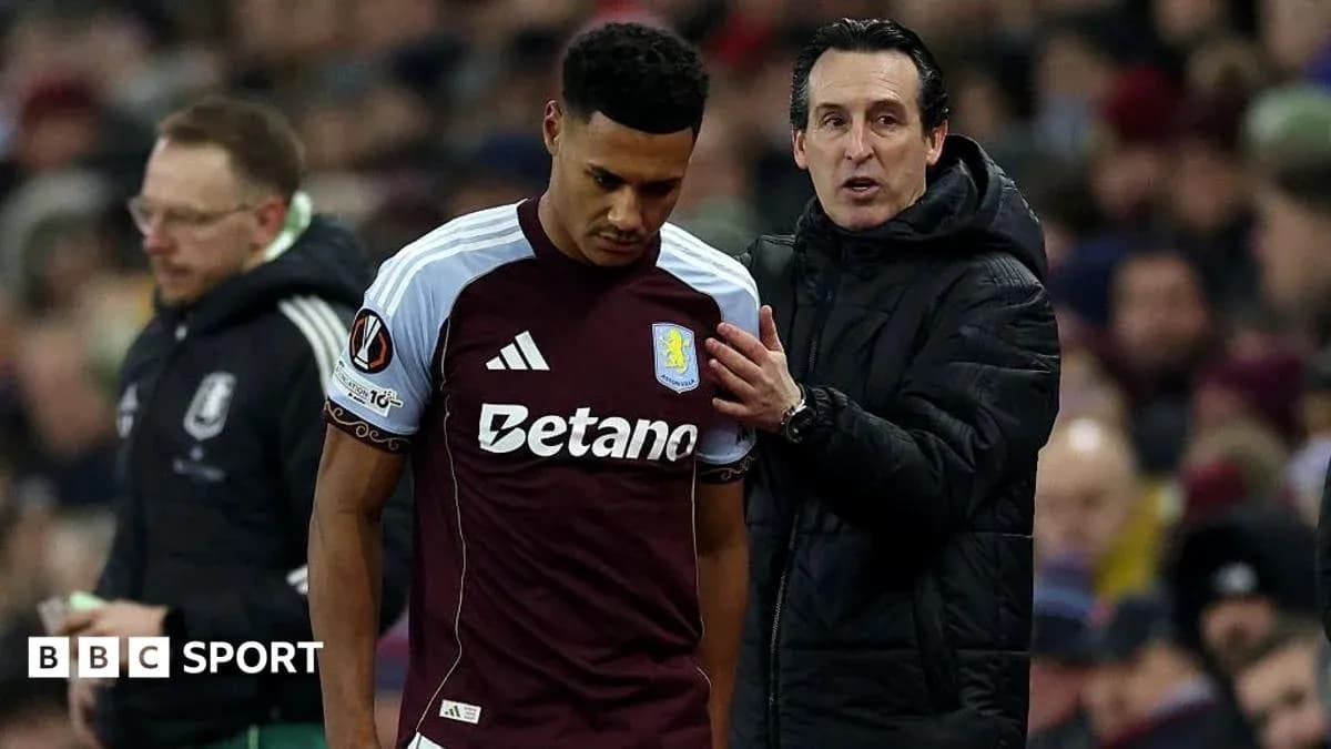 Entrenador hablando con jugador de Aston Villa en partido Entrenador hablando con jugador de Aston Villa en partido