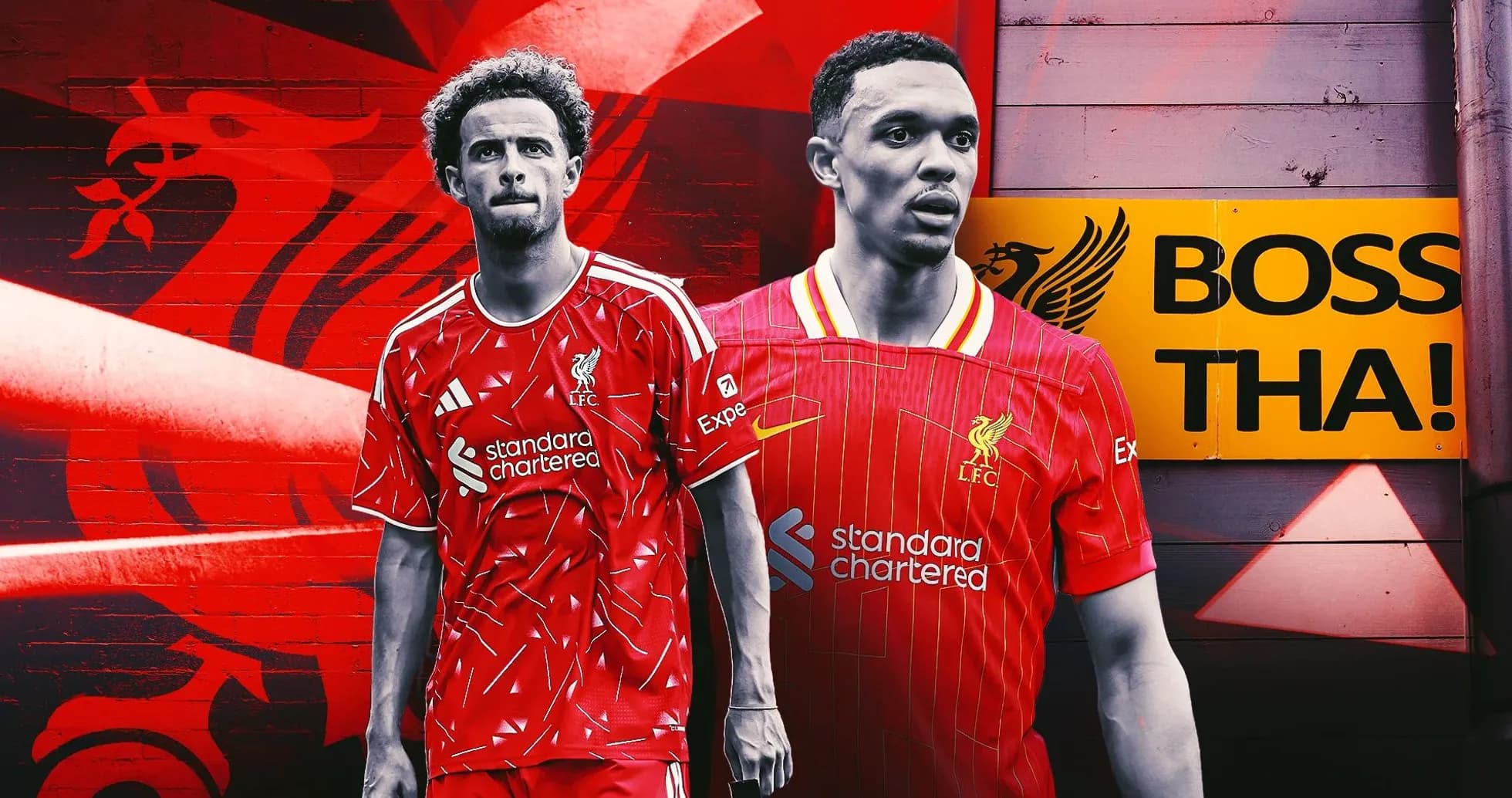 Jugadores de Liverpool en uniforme con fondo rojo Jugadores de Liverpool en uniforme con fondo rojo