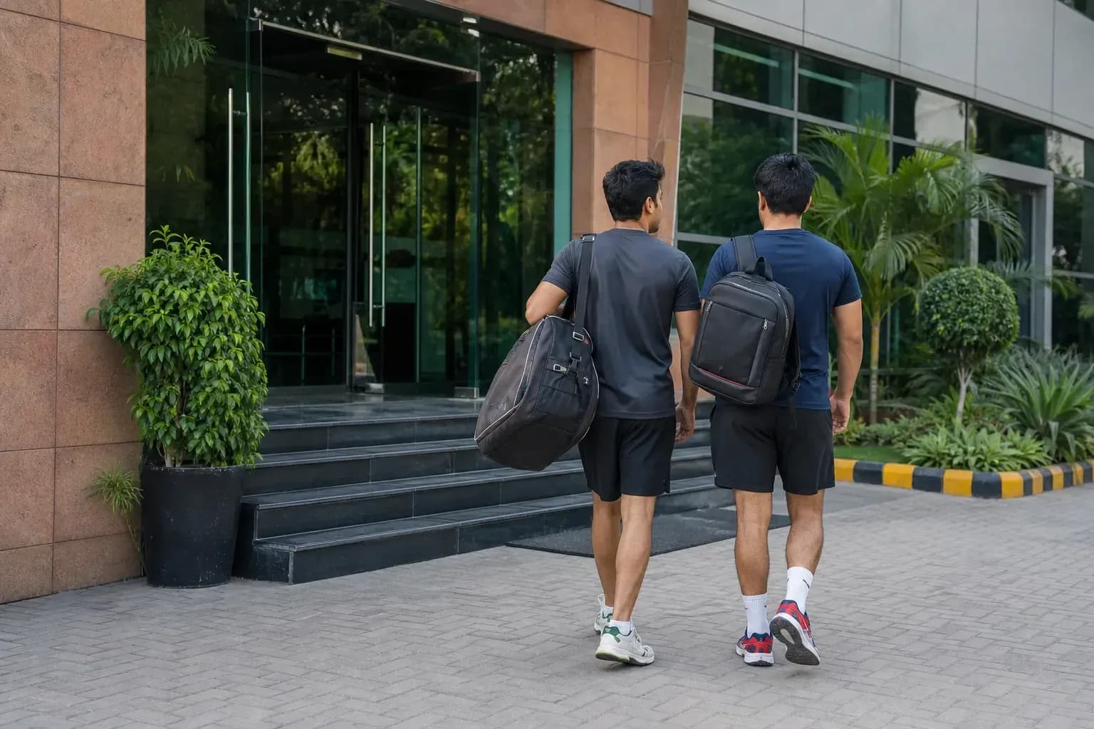 Dos hombres caminando hacia la entrada de un edificio Dos hombres caminando hacia la entrada de un edificio