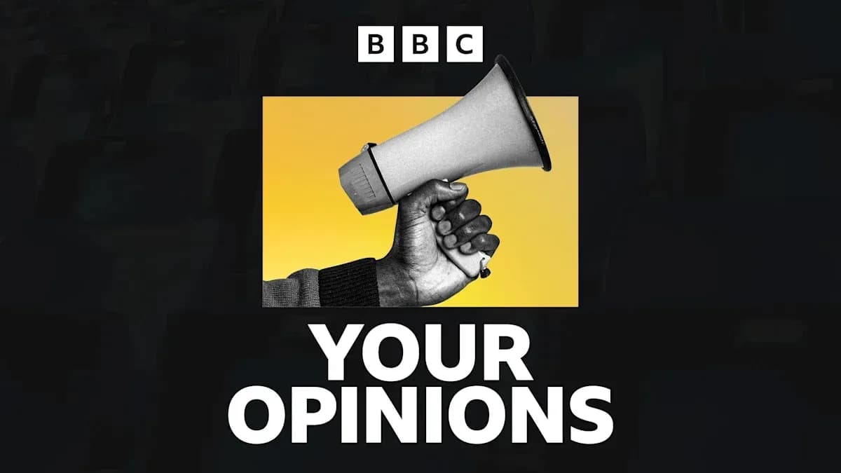 Man holding megaphone with text 'YOUR OPINIONS' Man holding megaphone with text 'YOUR OPINIONS'