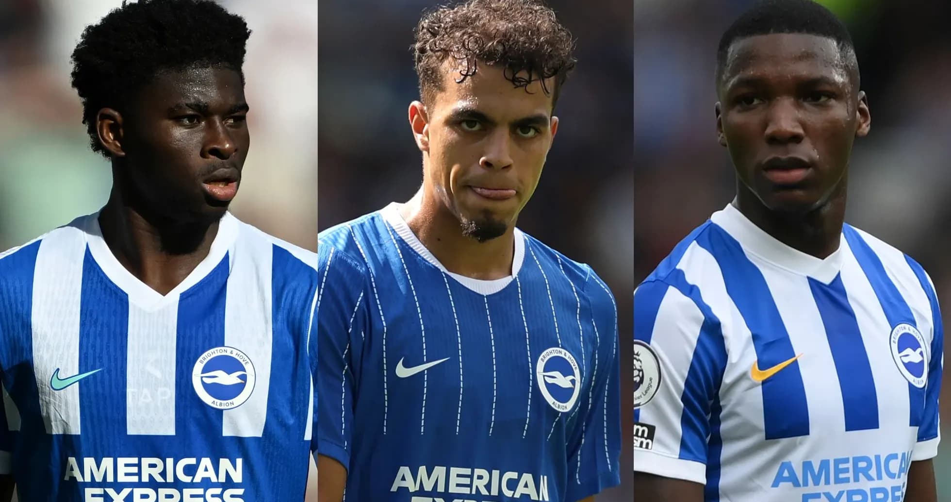 Tres jugadores de Brighton en uniforme durante partido Tres jugadores de Brighton en uniforme durante partido