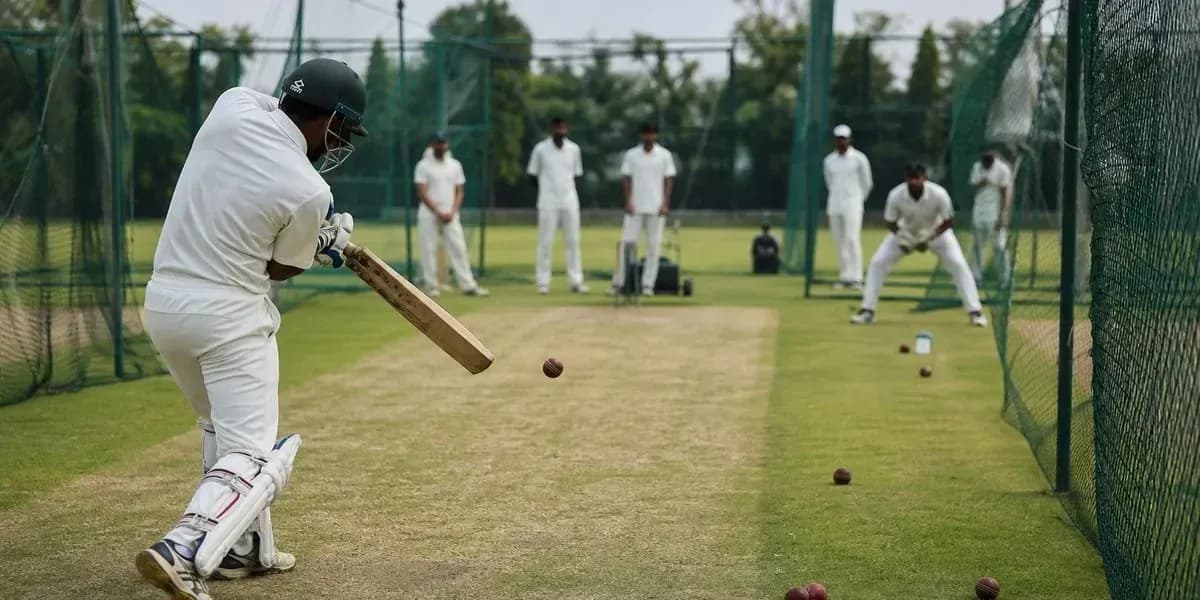 Jugador de cricket bateando en una sesión de entrenamiento Jugador de cricket bateando en una sesión de entrenamiento