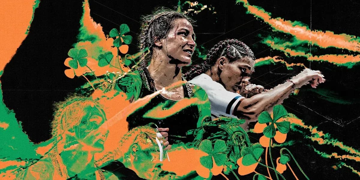 Dos luchadoras con fondo colorido y motivos irlandeses Dos luchadoras con fondo colorido y motivos irlandeses